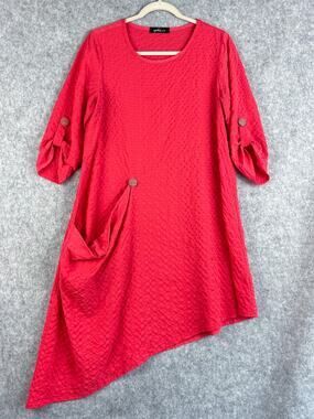 Yushi Dress Womens Medium Red Asymmetrical Textured Coastal Lagenlook Artsy Boho